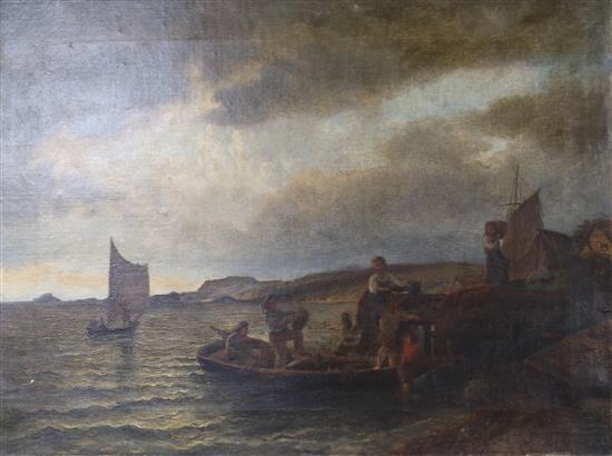 19th century English School, oil on canvas, Figures beside a jetty, 48 x 63cm, unframed